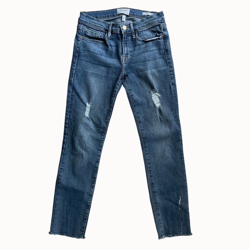 Frame Le Skinny de Jeanne Sedgewick Distressed Raw Hem Blue Jeans Size 27
